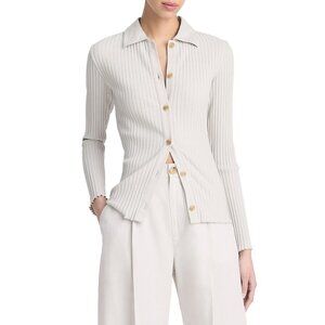 Vince Ribbed Polo Button Front Sweater Salt Glass XS